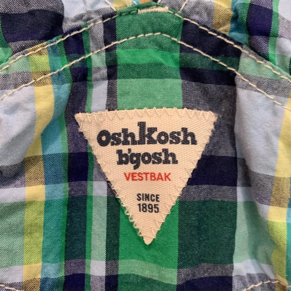 OshKosh B'gosh Green and Blue Plaid Overalls, size 12 mos
